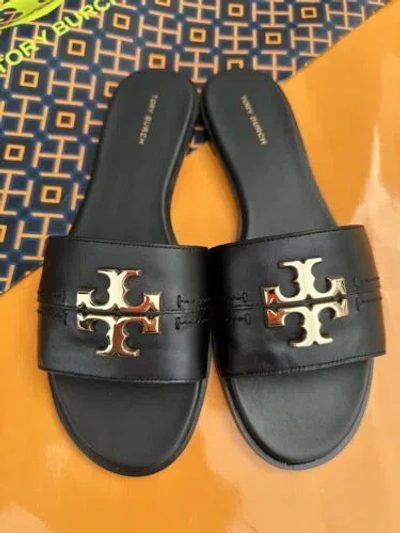 Pre-owned Tory Burch Everly Slide Sandals Leather Gold Logo Perfect Black Many Sizes