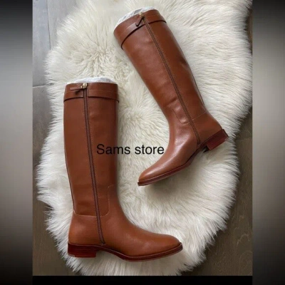 Pre-owned Tory Burch Everly Stripe Riding Calf Leather Tall Flat Boot In Brown