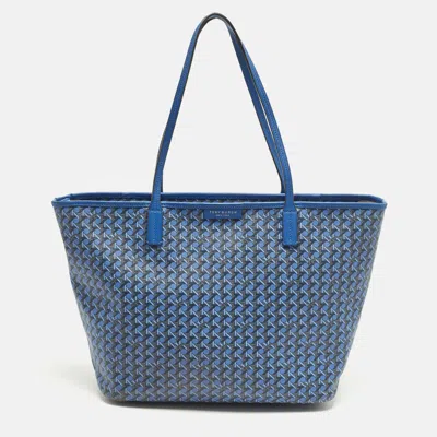 Pre-owned Tory Burch Ever-ready Mediterranean Blue Coated Canvas Zip Tote