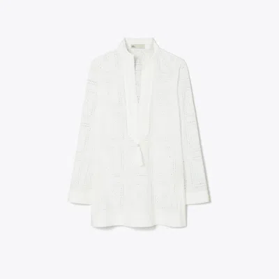 Tory Burch 'tory' White Tunic With Embroideries And Tassel In Cotton Woman