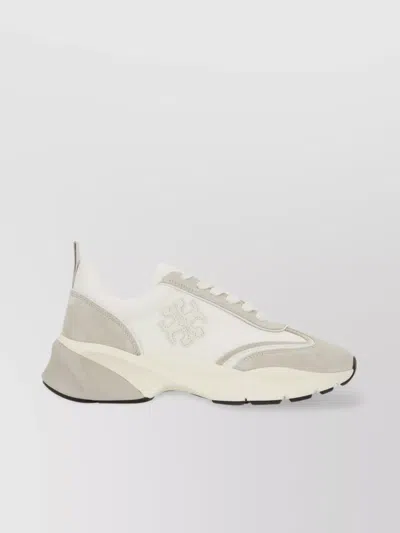 Tory Burch Two-tone Fabric And Suede Good Luck Sneakers In Bianco Bianco Fossil Stone