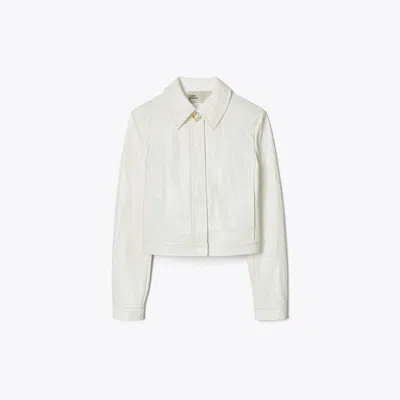 Tory Burch Faux Crinkle Leather Jacket In White