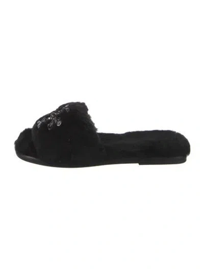 Pre-owned Tory Burch Faux Fur Crystal Embellishments Slides In Black