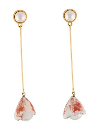 Pre-owned Tory Burch Faux Pearl & Ceramic Flower Bud Drop Earrings In Multi