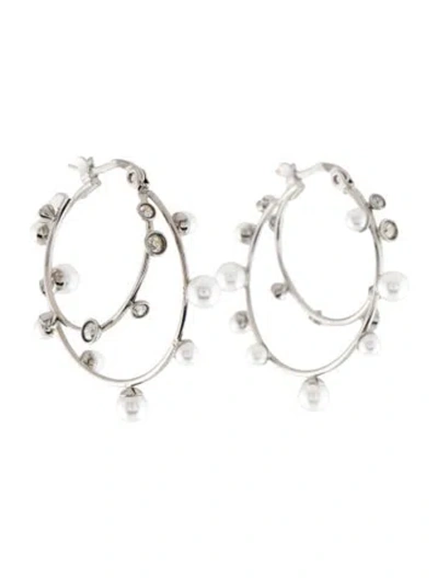 Pre-owned Tory Burch Faux Pearl & Crystal Double Hoop Earrings In Multi