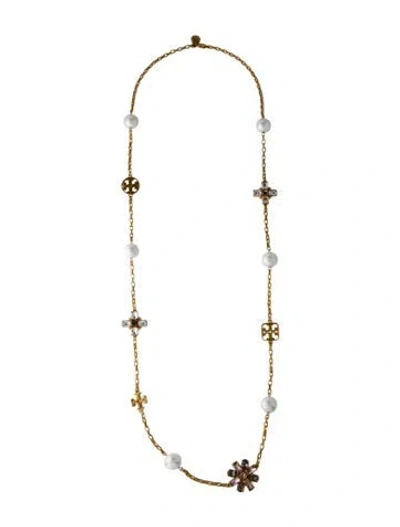 Pre-owned Tory Burch Faux Pearl & Crystal Logo Station Necklace, 39.25"