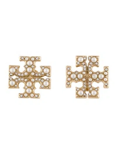 Pre-owned Tory Burch Faux Pearl & Crystal Logo Stud Earring In Multicolor