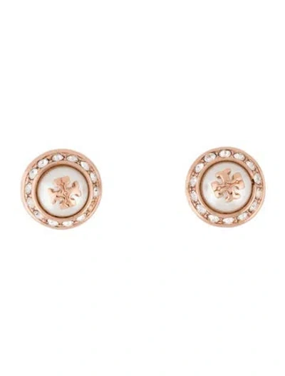 Pre-owned Tory Burch Faux Pearl & Crystal Natalie Stud Earrings In White
