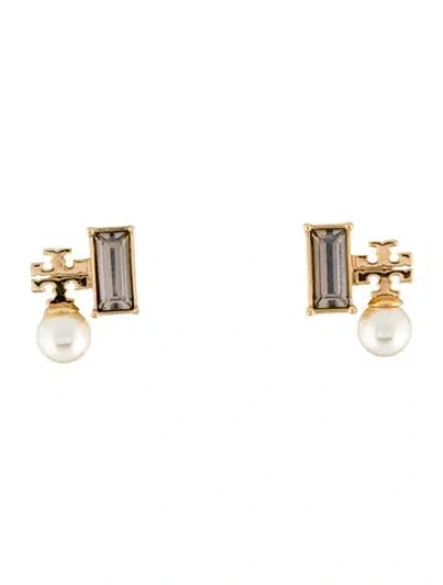 Pre-owned Tory Burch Faux Pearl & Crystal Stud Earrings In Multi