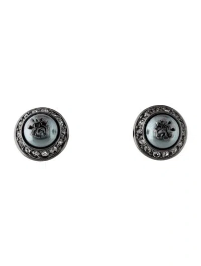 Pre-owned Tory Burch Faux Pearl & Crystal Tt Logo Stud Earrings In Multi