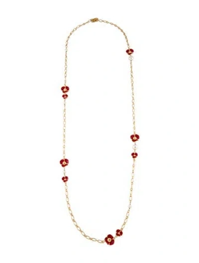 Pre-owned Tory Burch Faux Pearl & Enamel Fleur Rosary Station Necklace, 42" In Red