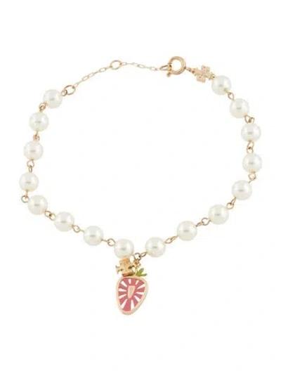 Pre-owned Tory Burch Faux Pearl & Enamel Station Bracelet, 8" In Multicolor