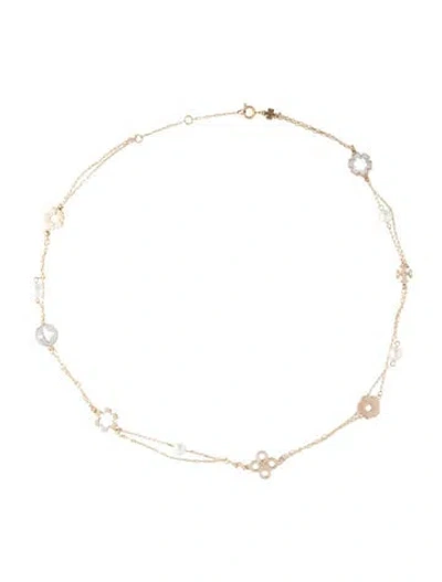 Pre-owned Tory Burch Faux Pearl & Mother Of Pearl Forget Me Not Layered Necklace, 19" In White