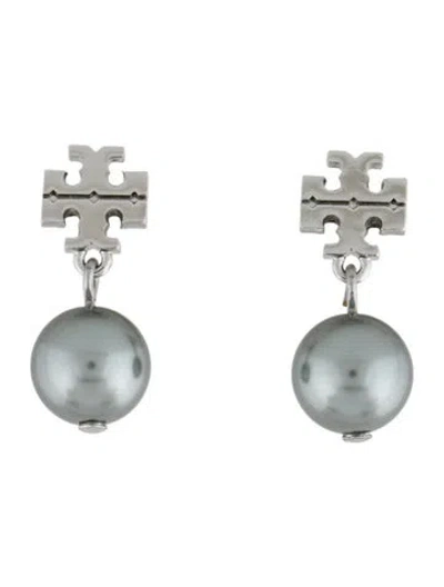 Pre-owned Tory Burch Faux Pearl Drop Earrings In Gray