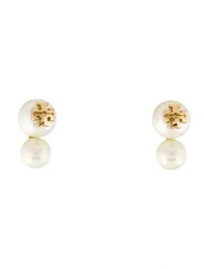 Pre-owned Tory Burch Faux Pearl Evie Double Stud Earrings In White