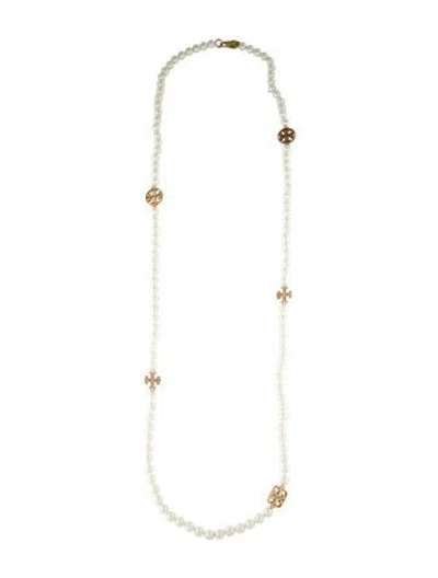Pre-owned Tory Burch Faux Pearl 'evie' Logo Bead Strand Necklace, 44" In Multi