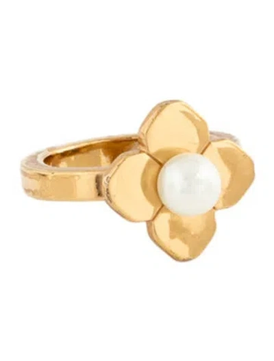 Pre-owned Tory Burch Faux Pearl Flower Cocktail Ring In White