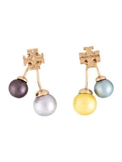 Pre-owned Tory Burch Faux Pearl Kira Front-back Logo Drop Earrings In Blue/purple/yellow