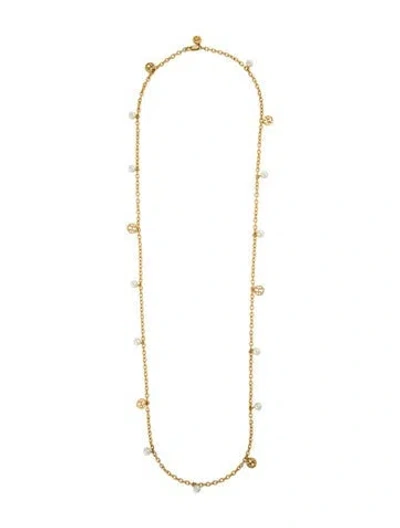 Pre-owned Tory Burch Faux Pearl Logo Charm Station Necklace, 42" In White
