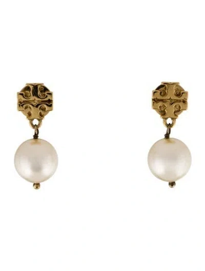 Pre-owned Tory Burch Faux Pearl Logo Drop Earrings In Multi