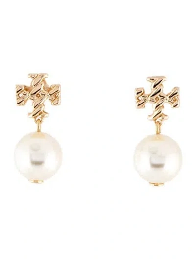 Pre-owned Tory Burch Faux Pearl Logo Drop Earrings In Multicolor