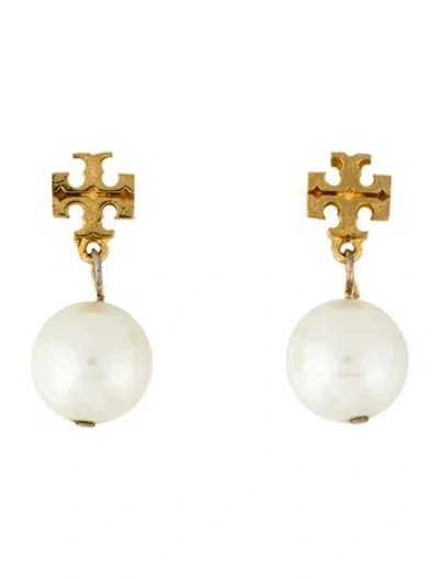 Pre-owned Tory Burch Faux Pearl Logo Drop Earrings In White