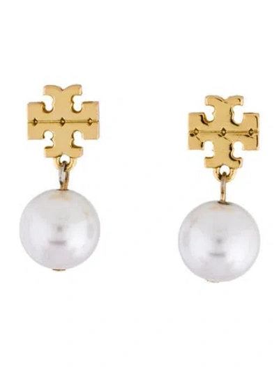 Pre-owned Tory Burch Faux Pearl Logo Drop Stud Earrings In Multicolor