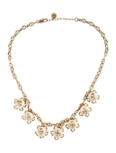 Pre-owned Tory Burch Faux Pearl Logo Flower Collar Necklace, 22" In Multicolor