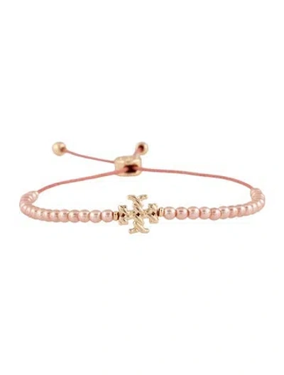 Pre-owned Tory Burch Faux Pearl Logo Slider Bracelet W/ Tags, 8.5" In Pink
