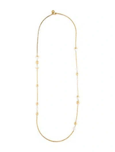 Pre-owned Tory Burch Faux Pearl Logo Station Necklace, 39.5" In White