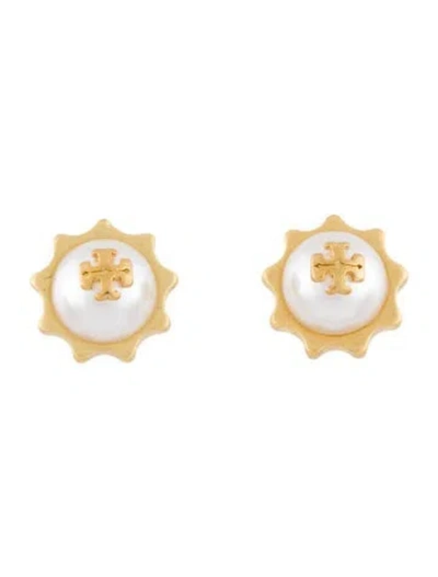 Pre-owned Tory Burch Faux Pearl Logo Stud Earrings In White