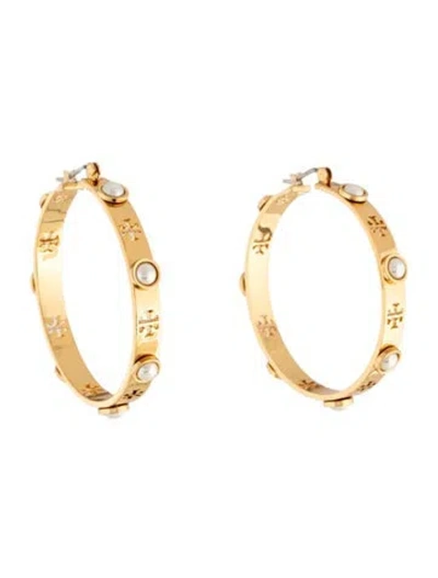 Pre-owned Tory Burch Faux Pearl Miller Hoop Earrings In Multicolor