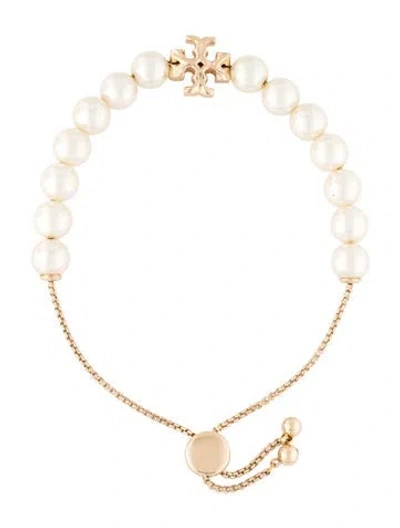 Pre-owned Tory Burch Faux Pearl Roxanne Bead Adjustable Bracelet, 9" In White