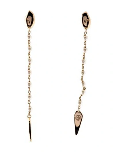 Pre-owned Tory Burch Faux Pearl Snake Linear Drop Earrings In White