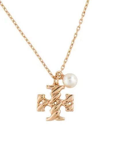 Pre-owned Tory Burch Faux Pearl Textured Rope Logo Pendant Necklace W/ Tags, 18" In White