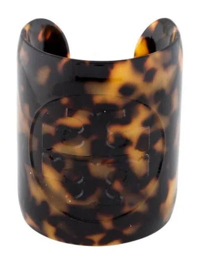 Pre-owned Tory Burch Faux Tortoise Shell Logo Wide Cuff Bracelet, 5.25" In Multi