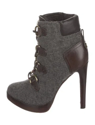 Pre-owned Tory Burch Felt Colorblock Pattern Lace-up Boots In Gray