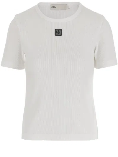 TORY BURCH TORY BURCH FITTED COTTON T-SHIRT WITH LEATHER LOGO PLAQUE