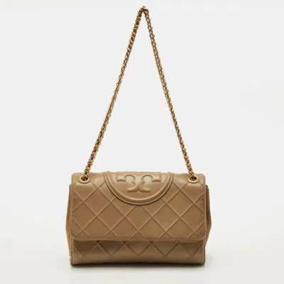 Pre-owned Tory Burch Fleming Beige Quilted Leather Shoulder Bag In Sand