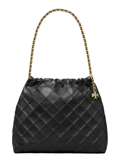 Tory Burch Fleming Black Diamond Quilted Shoulder Bag With Chain-link Handles In Leather Woman