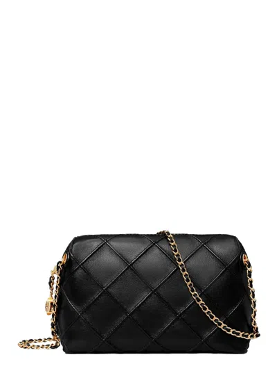 Tory Burch Fleming Black Diamond Quilted Shoulder Bag With Chain-link Shoulder Strap In Leather Woman
