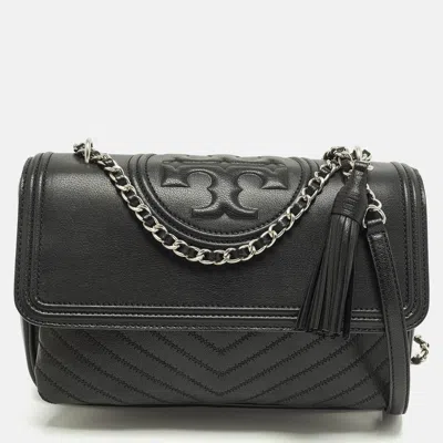 Pre-owned Tory Burch Fleming Black Leather Distressed Flap Shoulder Bag