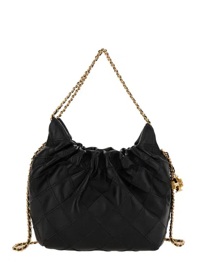 Tory Burch 'fleming' Black Shoulder Bag With Chain-link Shoulder Strap And Double T Motif
