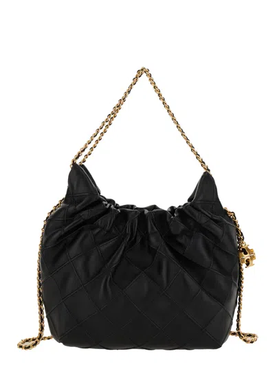 Tory Burch 'fleming' Black Shoulder Bag With Chain-link Shoulder Strap And Double T Motif