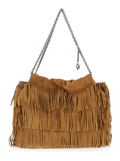 TORY BURCH 'FLEMING' BROWN SHOULDER BAG WITH CHAIN STRAP AND FRINGE DESIGN IN SUEDE WOMAN
