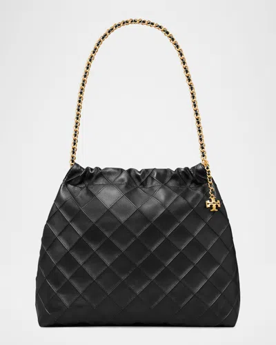 Tory Burch Fleming Chain Quilted Leather Hobo Bag In Black