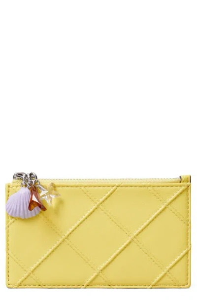 Tory Burch Fleming Charm Leather Zip Card Case In Yellow