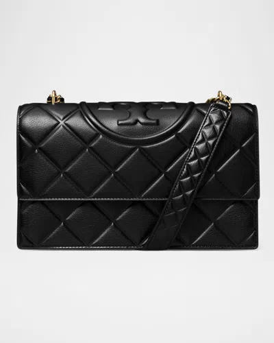 Tory Burch Fleming Convertible Quilted Leather Shoulder Bag In Black