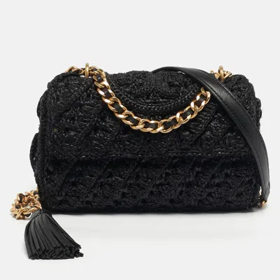 Pre-owned Tory Burch Fleming Crochet Small Black Straw Shoulder Bag
