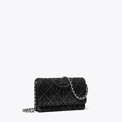 Tory Burch Fleming Denim Chain Wallet In Black